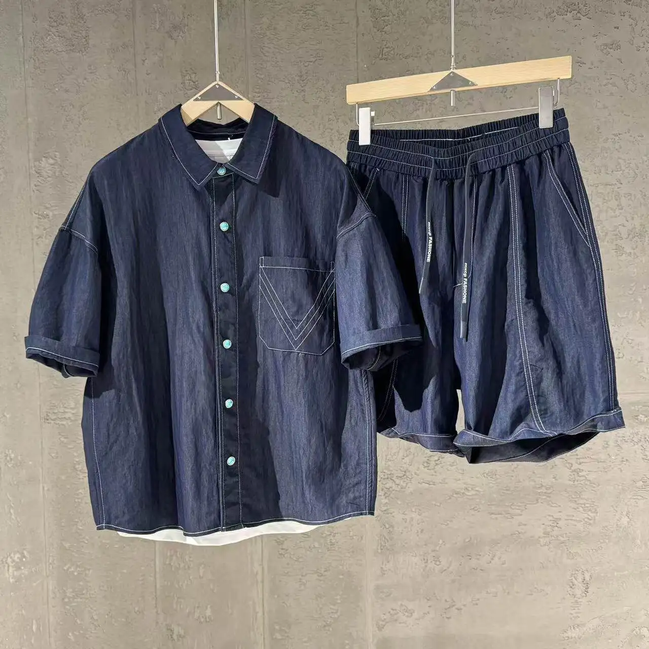 

Summer Men's Shorts Two-piece Set Korean Casual Fashion Loose Solid Color Simple Short Sleeved Shirt Elastic Waist Shorts Sets