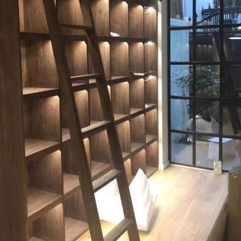 

Pure solid wood full wall floor-to-ceiling bookcase slide integrated, with book wall combination black walnut bookcase bookshelf