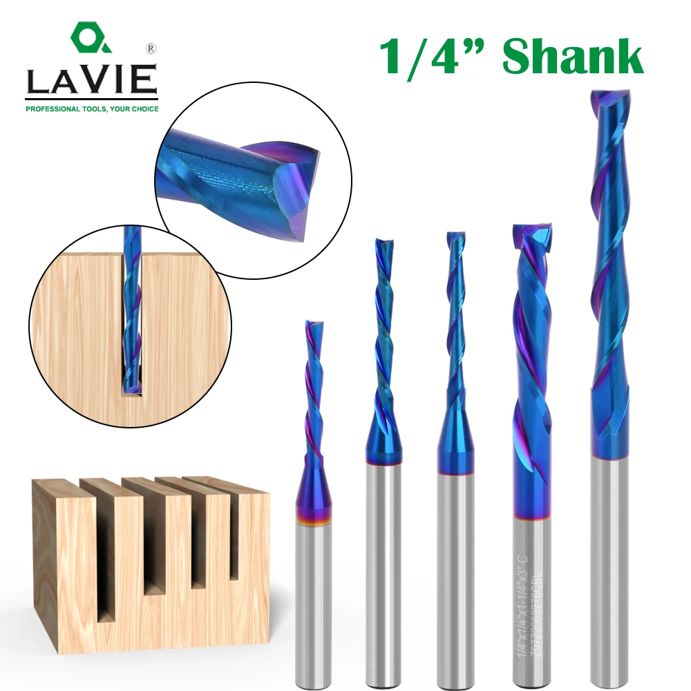 LAVIE 6.35mm 1/4 Shank 1PC Tungsten Steel Drill Bit Nano Blue Coated Cutter Carbide Router Bit CNC End Milling Bit Z07D20