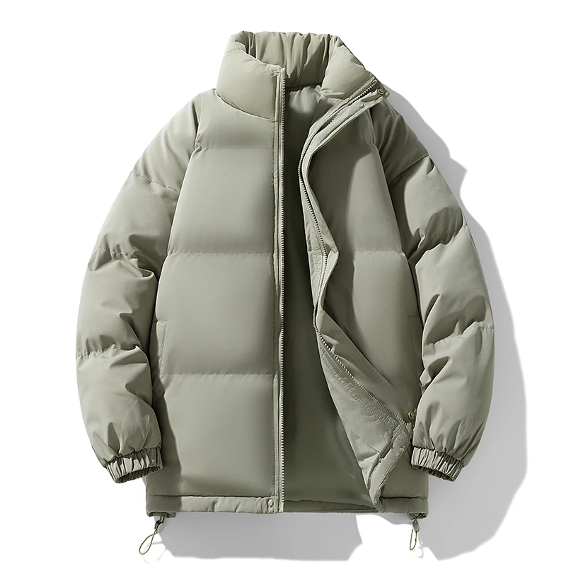Unisex Stand Collar Puffer Jacket Full‑Zip Drawstring Hem Elastic Cuff Warm Winter Casual Coat