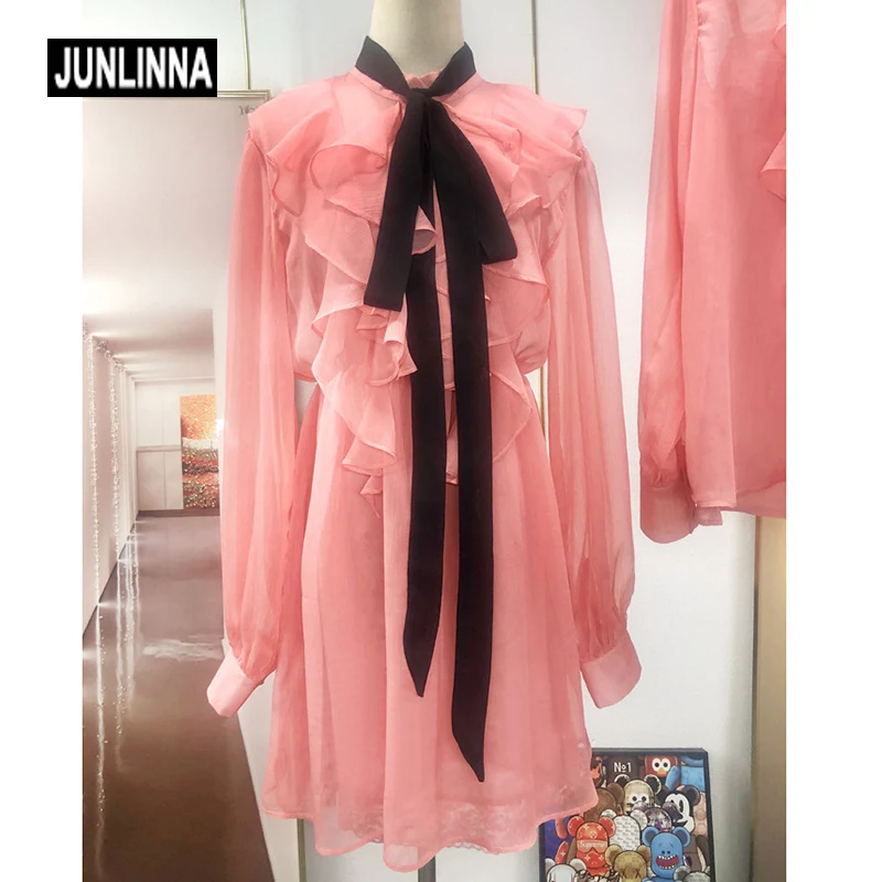 JUNLINNA Fashion Designer Women Dresses Spring Autumn Pink Colour Stand Collar Scarf Bow Elegant  Mini Vestidos Ruffles Sheer