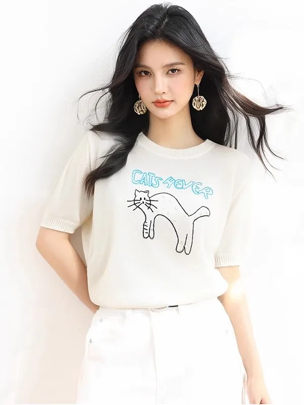 

Korean Sle Fre Cartoon Print ort Sve Women's T-irt Summer Loose oulder Top Polyester Fiber round Ne Regula...
