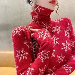 Women Clothes Red New Year Snowflake Knitted High Neck Sweater Spring Slim Fashion Chic Turtleneck Fashion Pullover Top