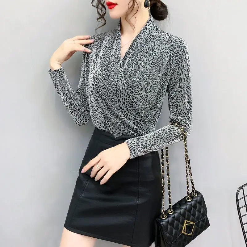 

Korean Female Clothing Leopard Long Sleeve T-Shirts Autumn Winter Women Fashion Elegant Vintage Simple Slim Casual V-neck Tops