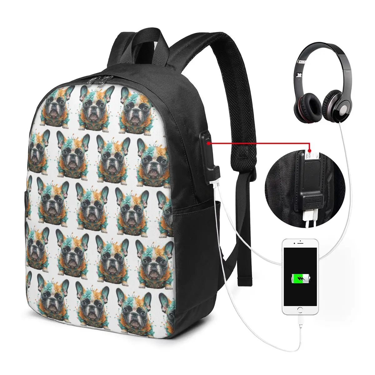 Colorful Flower French Bulldog Backpack Travel Notebook Bag Computer College Student School Bag Laptop Shoulder Bags Men Women