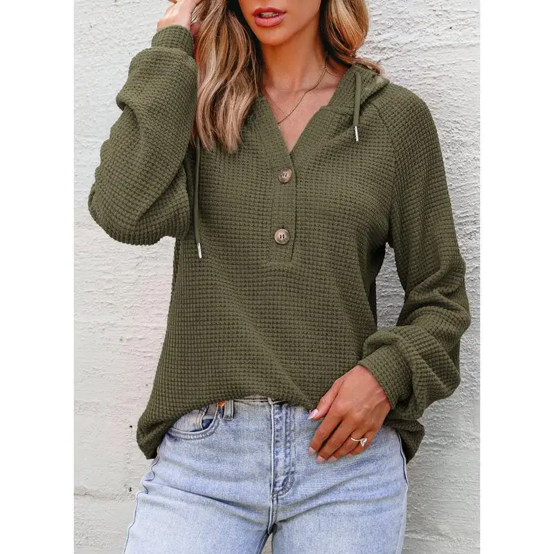 Women's Long Sleeve V Neck Waffle Knit Sweater Drawstring Button Detail Summer Fashion Ladies' Knitwear 2025 Summer Collection