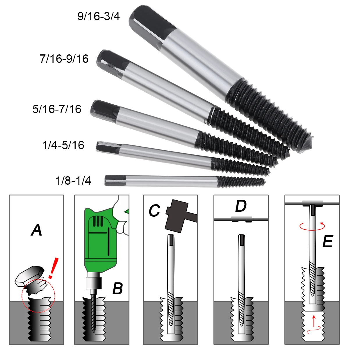 

5pcs/lot Carbon Steel Damaged Screw Extractor Easy Out Set Drill Bits Broken Bolt Stud Remover Tools with Plastic Box