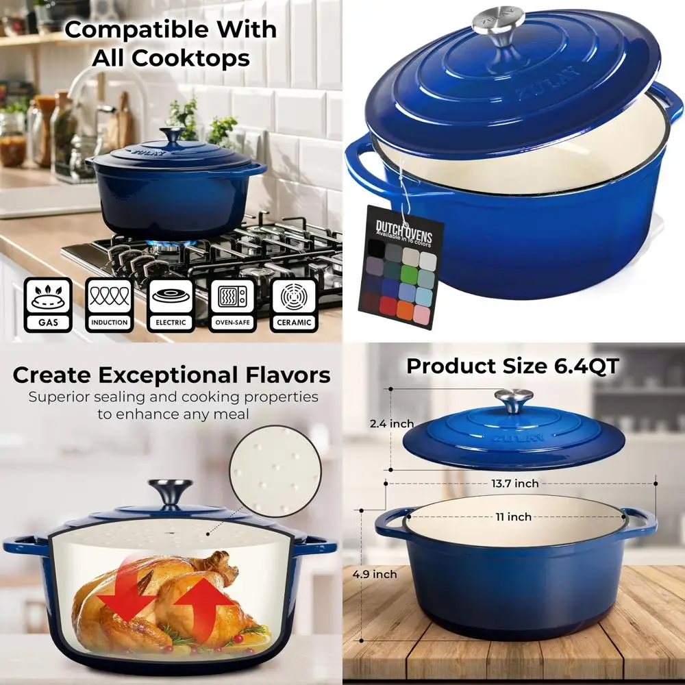 

4.7L Blue Enamel Cast Iron Dutch Oven with Lid - Durable, Oven-Safe to 500°F, Ideal for Baking, Stews, Braising, and Roasting
