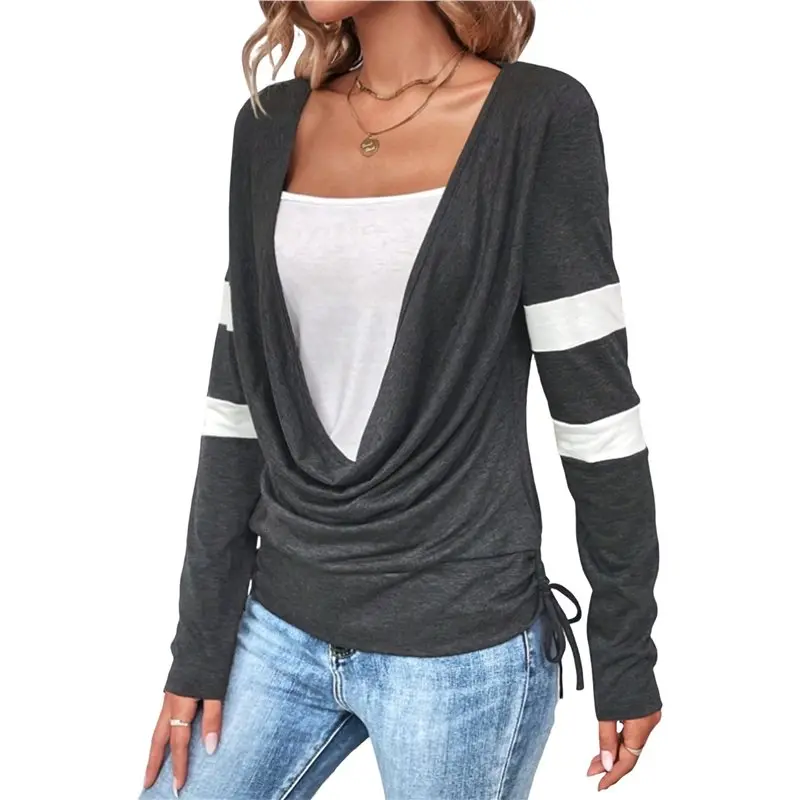 NEW-Women's Long Sleeve Shirts Draped Cowl Neck Color Block T Shirt Fall Going Out Tops