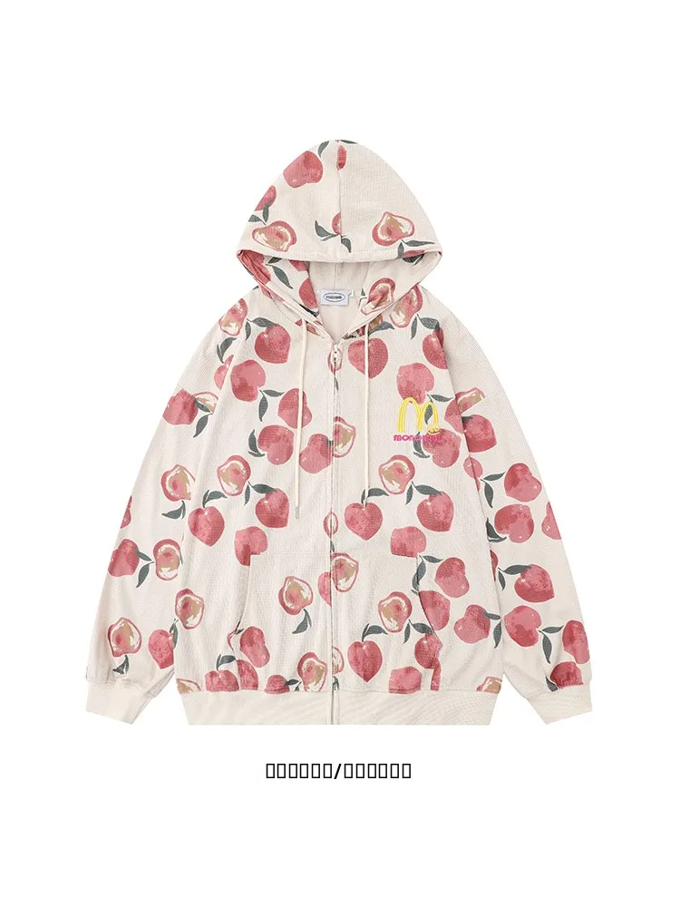 

Модный ретро-кардиган с персиковым принтом для осеннего сезона, свободный повседневный универсальный свитшот с капюшоном, мужская одежда в стиле BF.