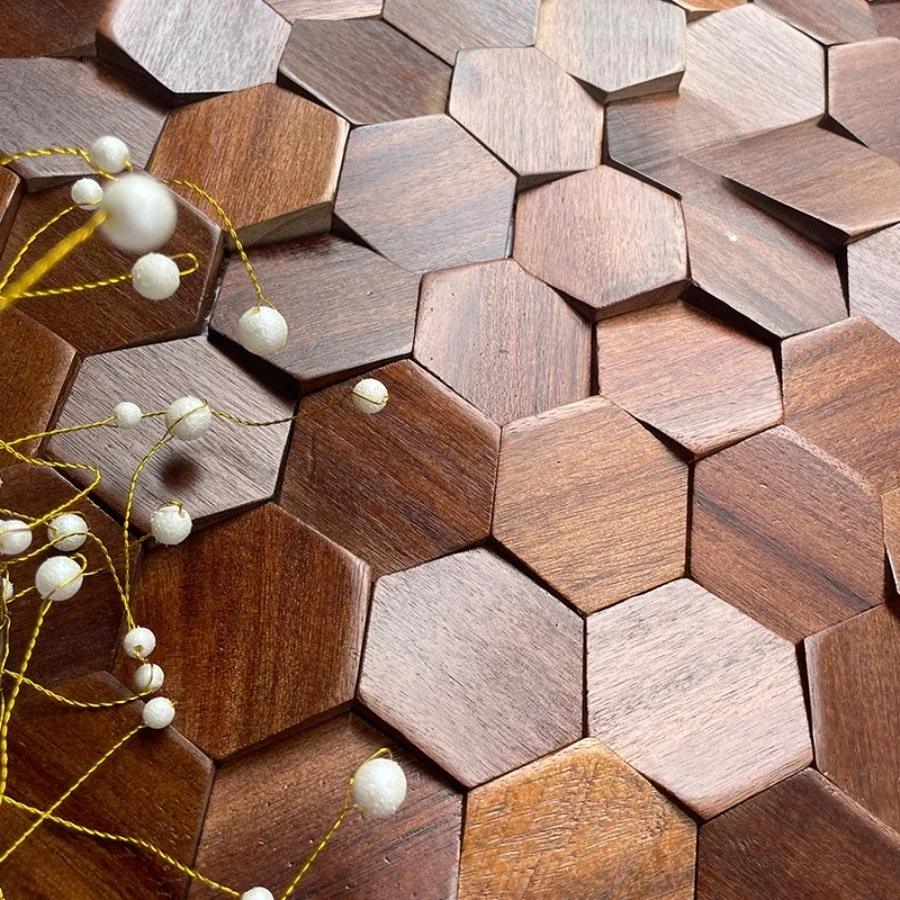 Black Walnut Wood Mosaic Tile Hexagon 3D TV Background Wall Panel Interior Art Wall Stickers Home Living Room Bedroom Wall Decor