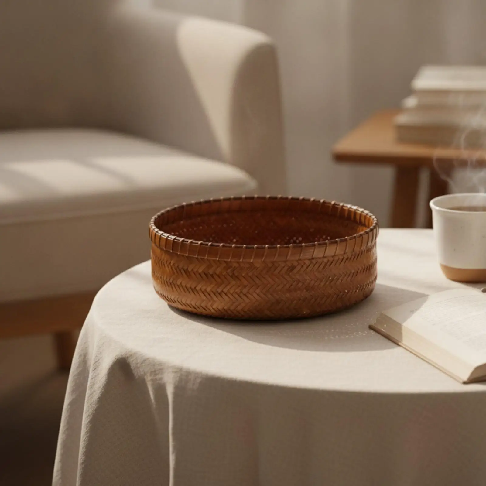 Handwoven Bamboo Storage Basket Warm Brown Finish for Snacks Candies Sewing Tools Entryway Coffee Table Use
