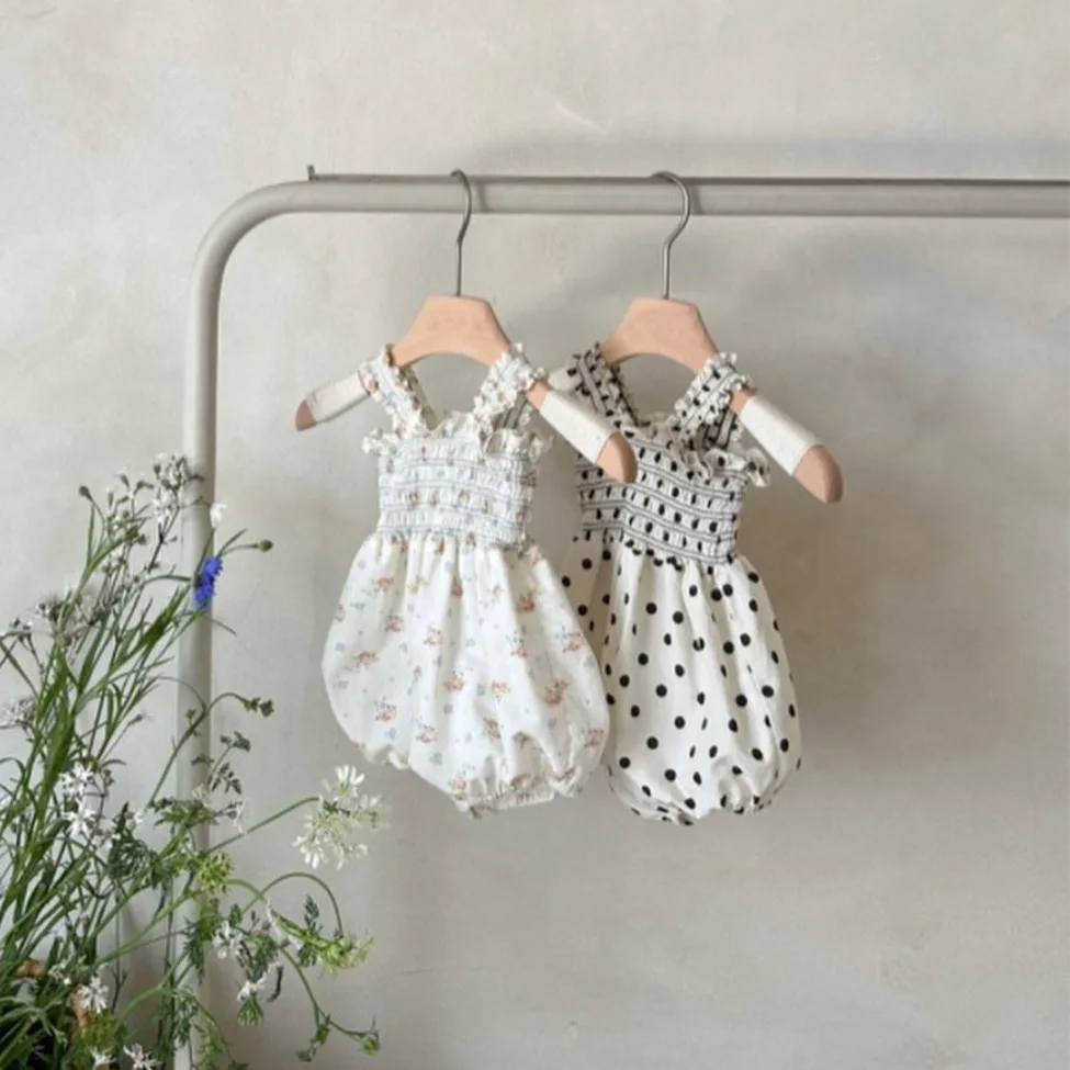 

2026 Summer New Baby Girl Floral Sling Bodysuit Cotton Infant Newborn Polka Dot Sleeveless Jumpsuit Baby Thin Clothes 0-24M