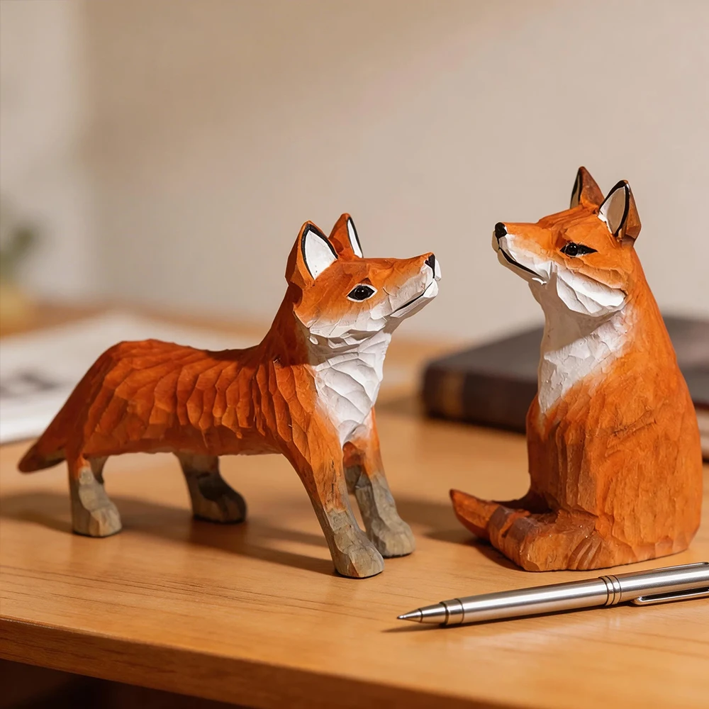 Statue de renard sculptée à la main – Sculpture réaliste de la faune en bois pour la maison/bureau, cadeau détaillé d'animaux de