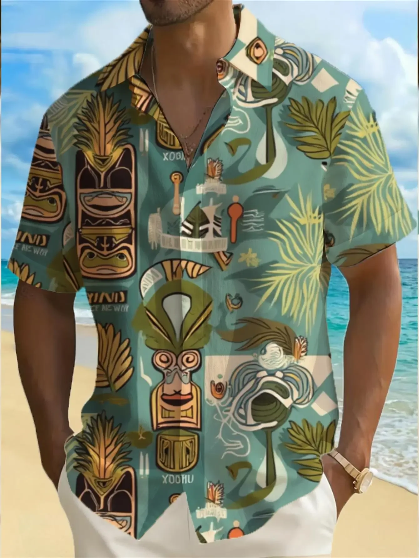 Men Oversized Cropped Rainbow Gradient Background Multi Tiki Face Tribal Hula Girl Hawaii Streetwear Short Sleeve Top