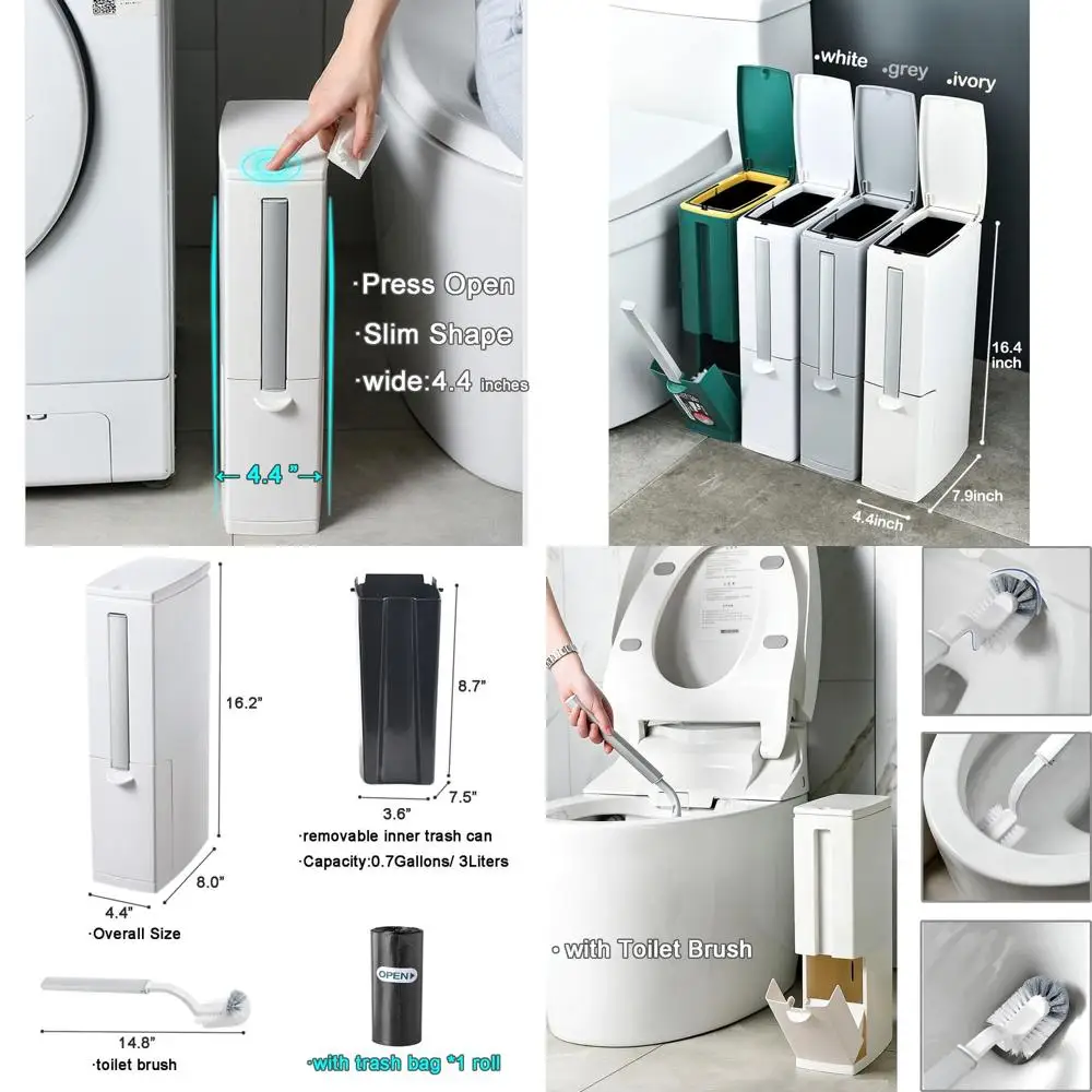 

Compact 0.7 Gallon Ivory Bathroom Trash Bin with Lid and Toilet Brush for RVs and Small Spaces