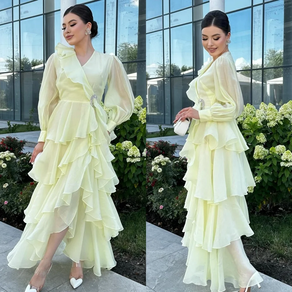

Customized Casual Modern Style Chiffon Pleat Tiered Rhinestone A-line V-neck Ankle Length Dresses Bespoke Occasion Dresses