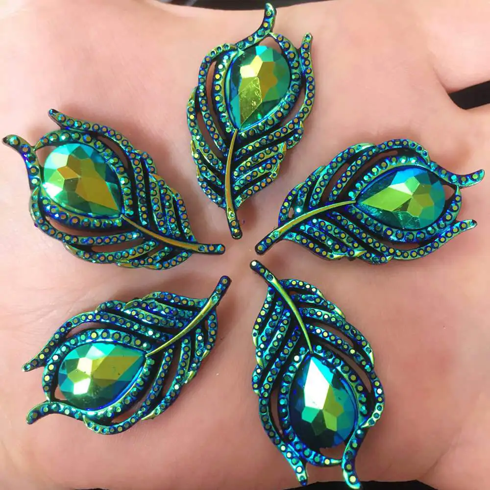 New 10PCS AB Resin 3D Peacock Feathers Flatback Rhinestone Wedding DIY Buttons W194