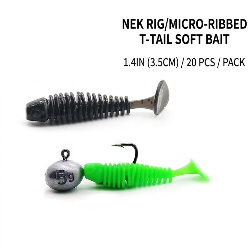 Lot de 20 leurres souples Micro Finesse de 3,5 cm, queues en T côtelées et vers artificiels pour la pêche ultralégère en eau douce, la pêche au bar et la pêche au crappie