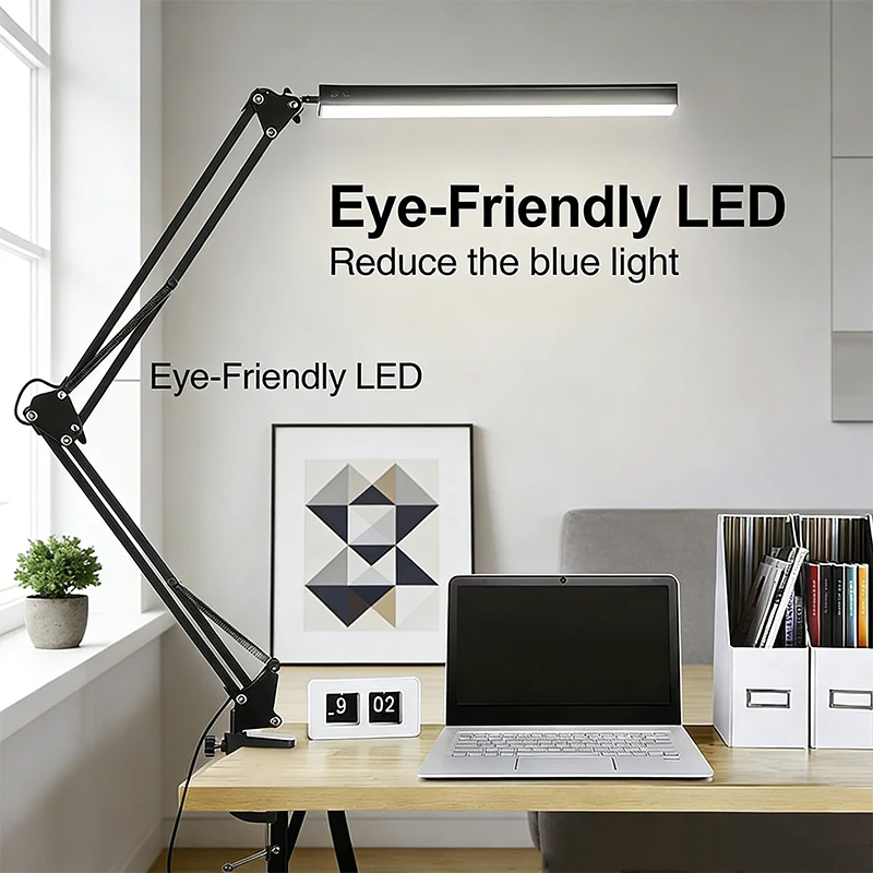 

Светодиодная настольная лампа с длинным складным кронштейном и регулируемым креплением, защищающая глаза, с 3 режимами цвета и регулировкой яркости для чтения, учебы и офисной работы