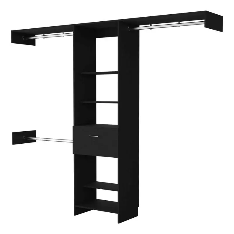 Cross Closet System with 1 Drawer, 3 Metal Rods & 5 Open Shelves for Organized Storage