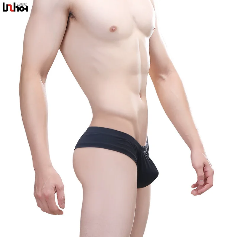 Smooth breathable sport sexy and highly elastic bag with thin ice silk exposed half hip low rise men\'s boxer shorts