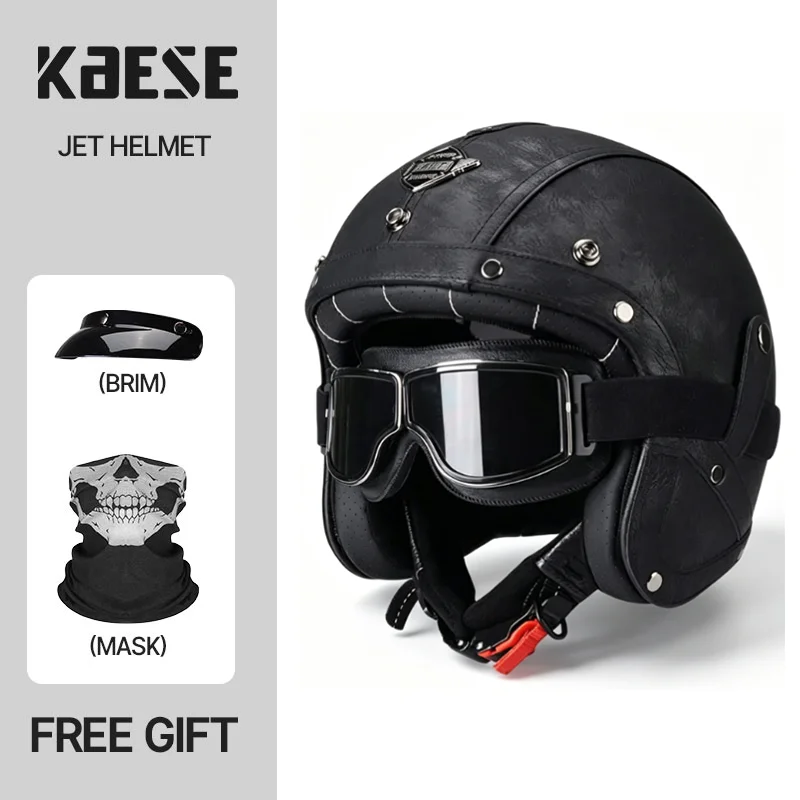 Vintage White Distressed PU 3/4 Open Face Jet Motorcycle Helmet Retro Riding Helmet Set Comes With Goggles+Skull Mask+Visor Brim