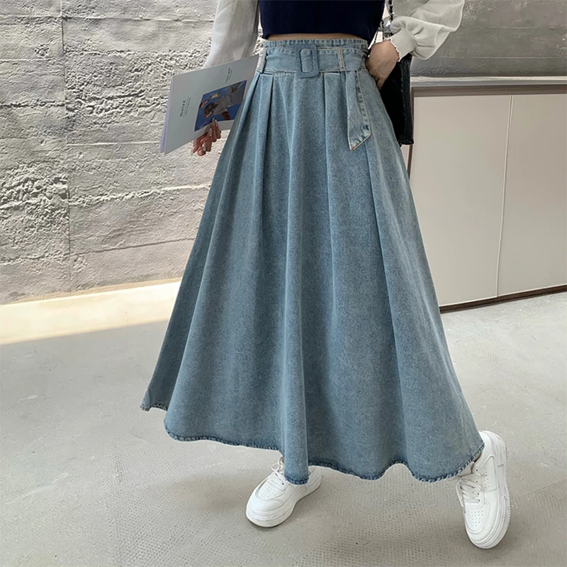 

Women's Blue A-line Denim Pleated Skirt Y2k Long Jean Skirts Harajuku Vintage Elegant Korean Cowboy Skirt 2000s Clothes Summer