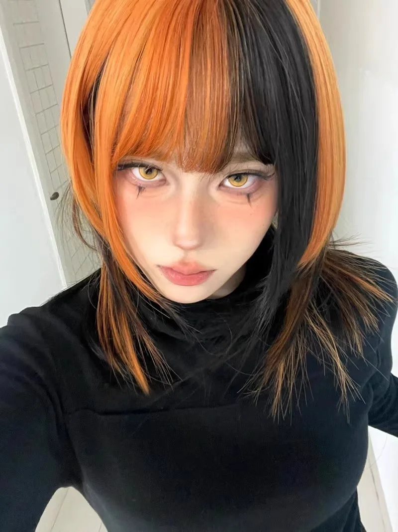 Synthetische Zwart & Vuile Oranje Hoogtepunten Pruik Y2K Subcultuur Pruiken met pony Lolita Cosplay Gelaagde Korte Steil Haar Pruik