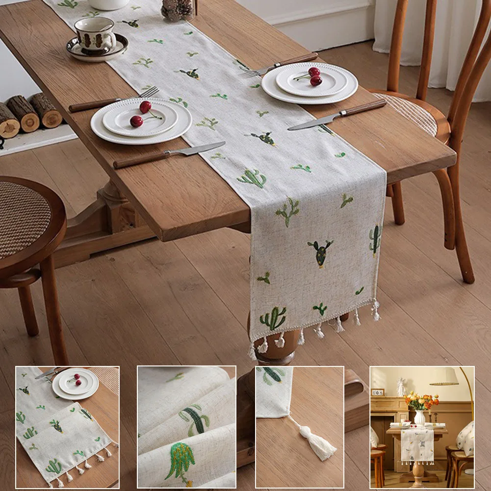 

Newest 1PC Cactus/Tulip Pattern Linen Table Runner,Sateen Weave Rustic Farmhouse Decor,Durable Easy-Clean Home Decoration 테이블러너