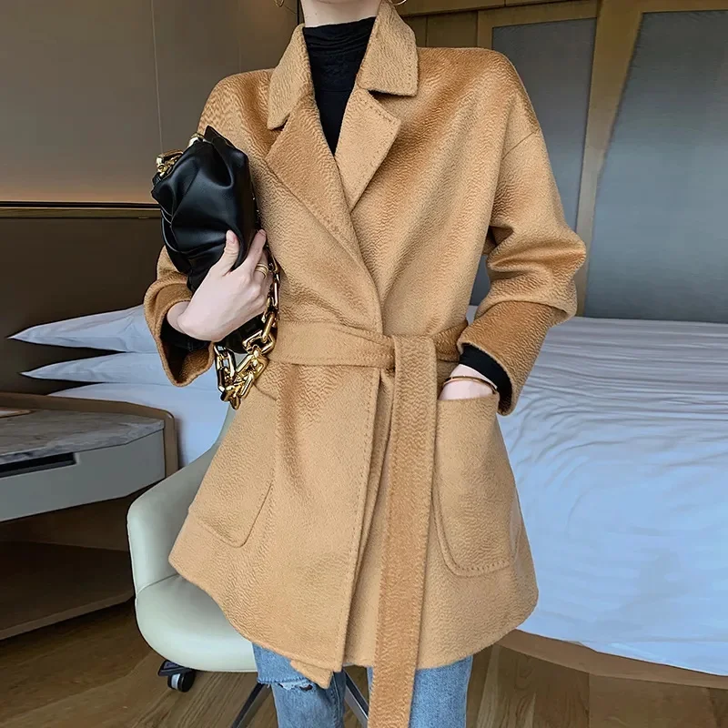 Autumn New Short Double-sided Cashmere Water Ripple Coat Women Turn-down Collar Loose Tempeament Warm Casual wool Jacket Female