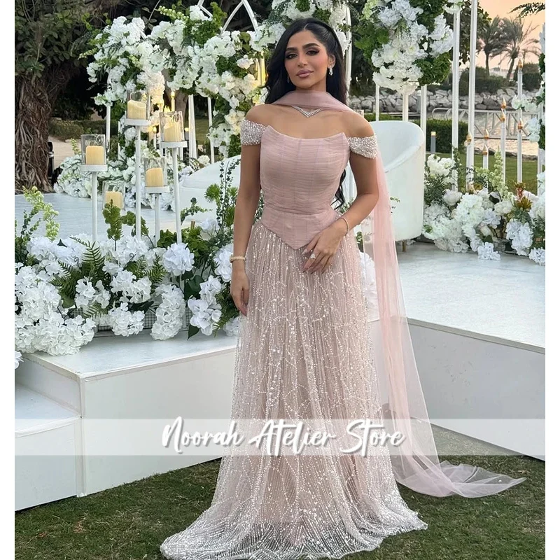 Vestido de noche elegante rosa con hombros descubiertos y perlas para mujer, vestido largo Formal de lujo para fiesta de graduación y boda, personalizado