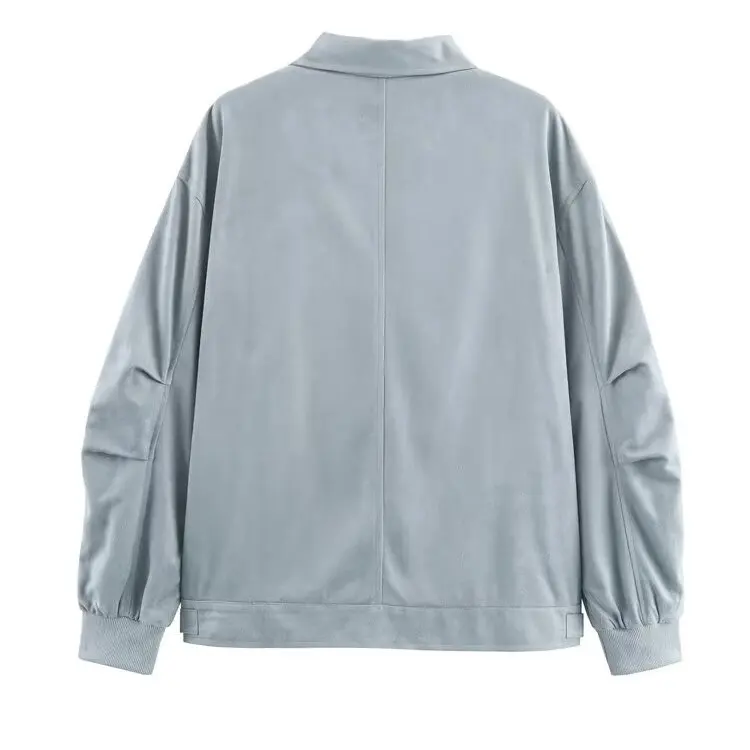 Faionable Cappotto ort in pelle scamosciata allentata con risvolto in puro colore retrò per donna Autunno New Sle JNLEAOG Poliestere lungo con cerniera