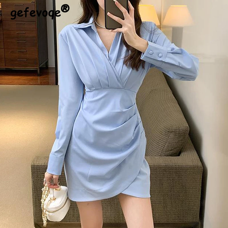 

2023 Spring Autumn New Fashion Ruched Asymmetrical Design Blue Shirt Dresses for Women Casual Chic Sweet Long Sleeve Mini Dress