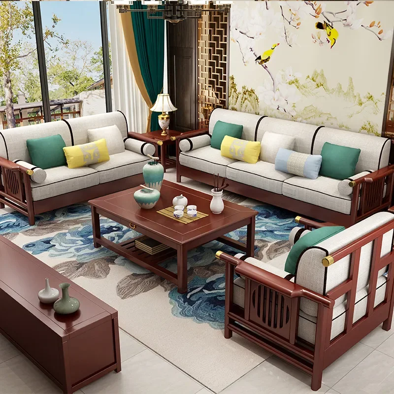 New Chinese Style Solid Wood Fabric Sofa Modern Simple Luxury Living Room Furniture Small Apartment Winter Summer Dual