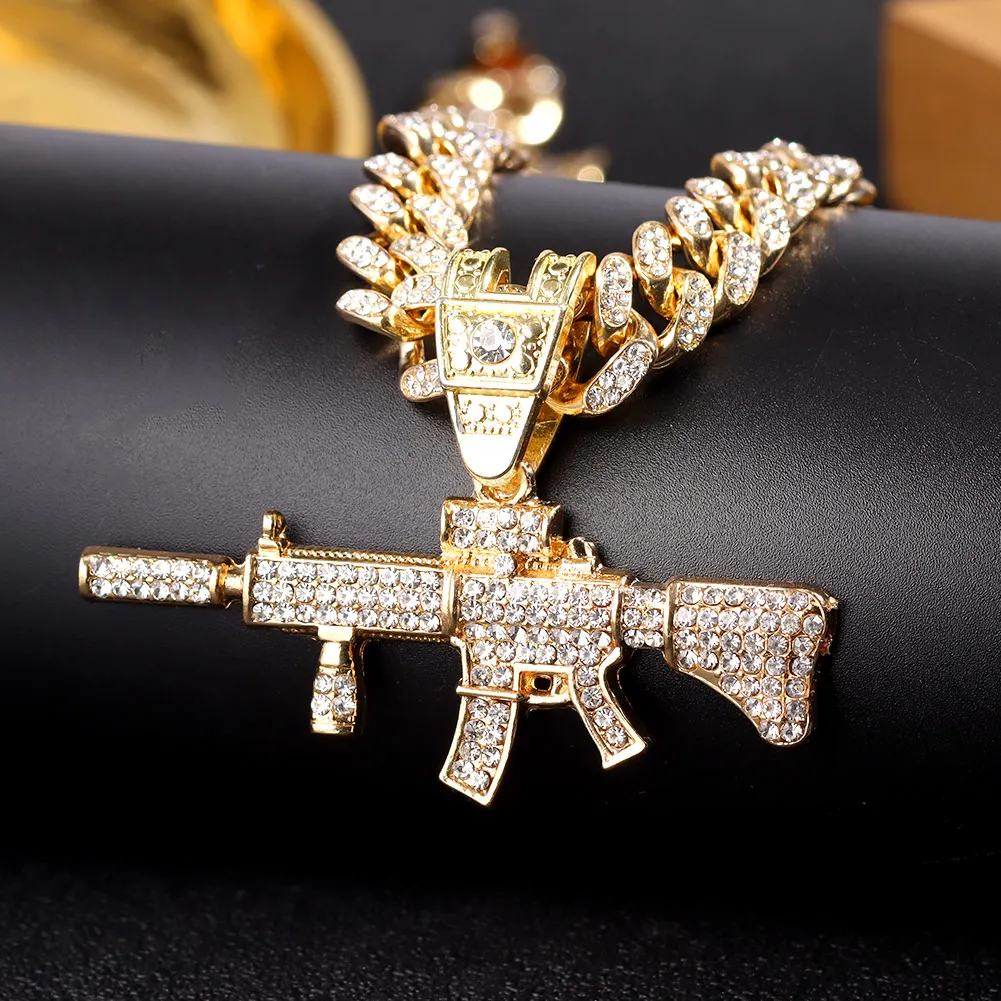 Hip Hop Iced Out Crystal AK47 Gun Pendant Cuban Necklace For Men Women Luxury CZ Tennis Chain Necklace Punk Rock Jewelry Gift