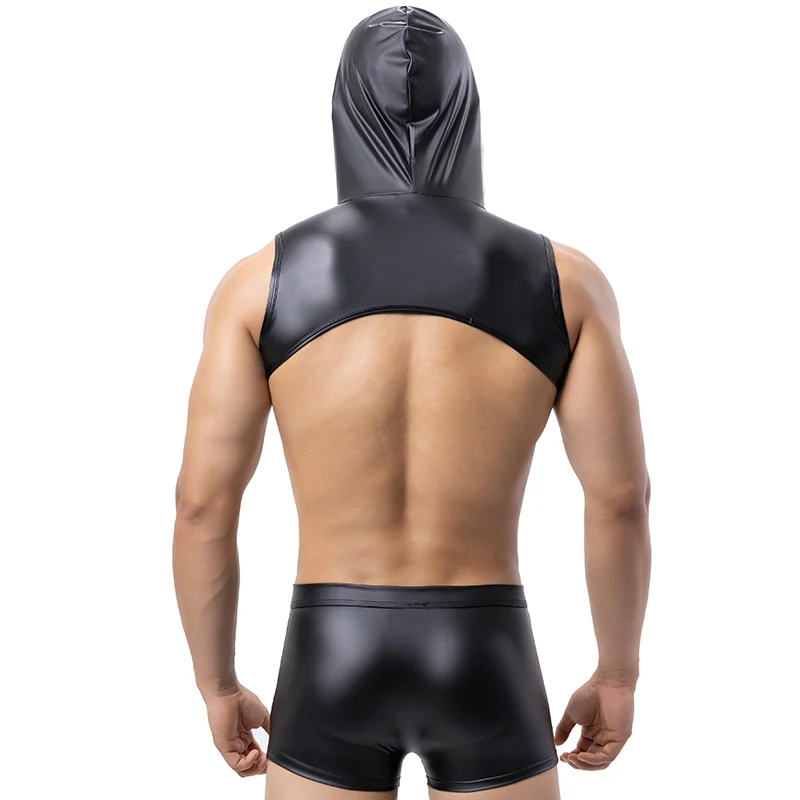 CLEVER-MENMODE Men Sexy Hooded Chest Harness Boxer Shorts PU Leather Crop Tops Set Open Penis Pouch Underwear Nightclub Vest