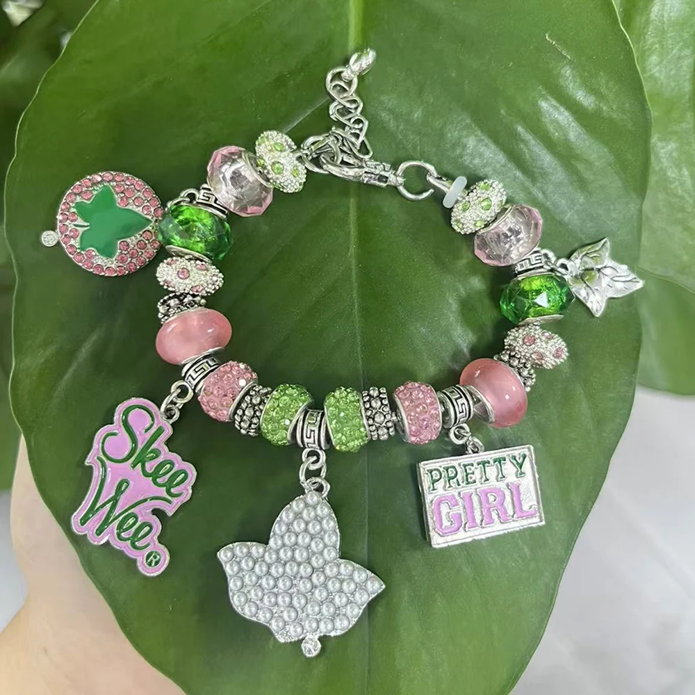 Beautiful pink and green beaded Greek organization society circular letter charm Alpha adjustable bracelet