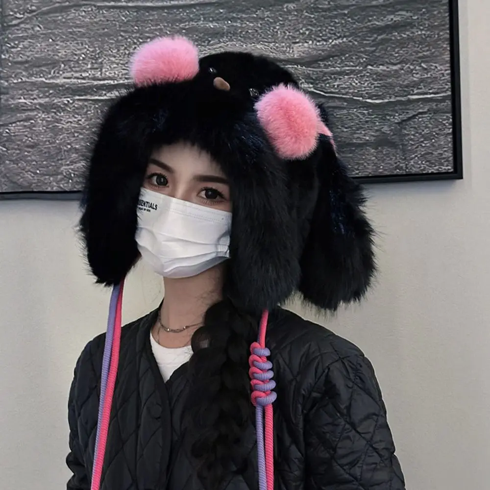 หมวกไหมพรมกันลมลายกระต่ายสีชมพูอ่อน น่ารักสำหรับฤดูหนาว  แบบหนา ให้ความอบอุ่น ป้องกันหู เหมาะสำหรับกิจกรรมกลางแจ้ง