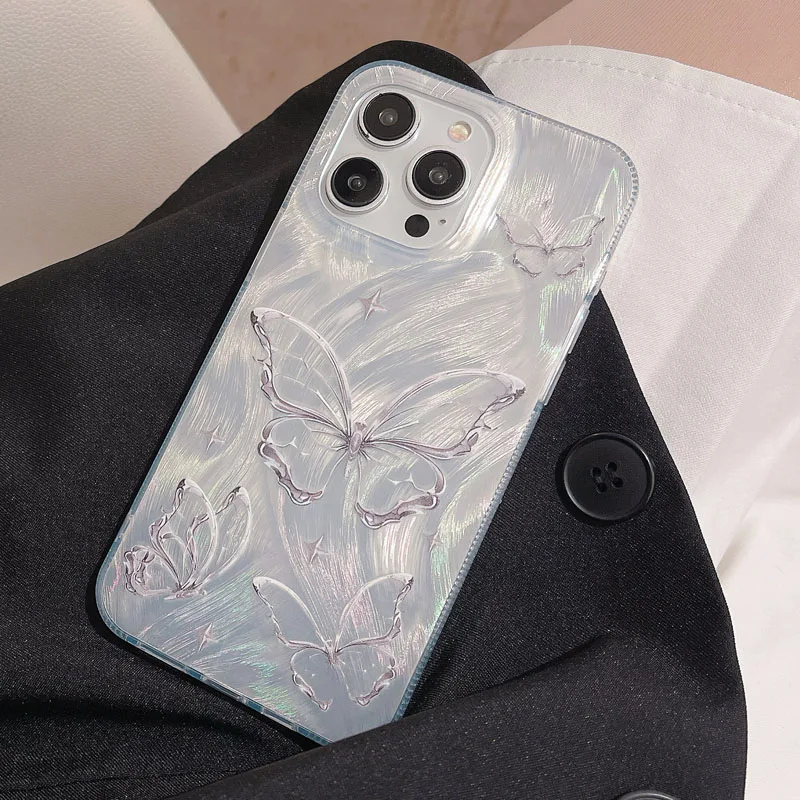 Silver Personality Gradient Feather Butterfly Phone Case For iPhone 11 12 13 14 15 Pro Max Plus Shockproof Soft IMD BacK Cover