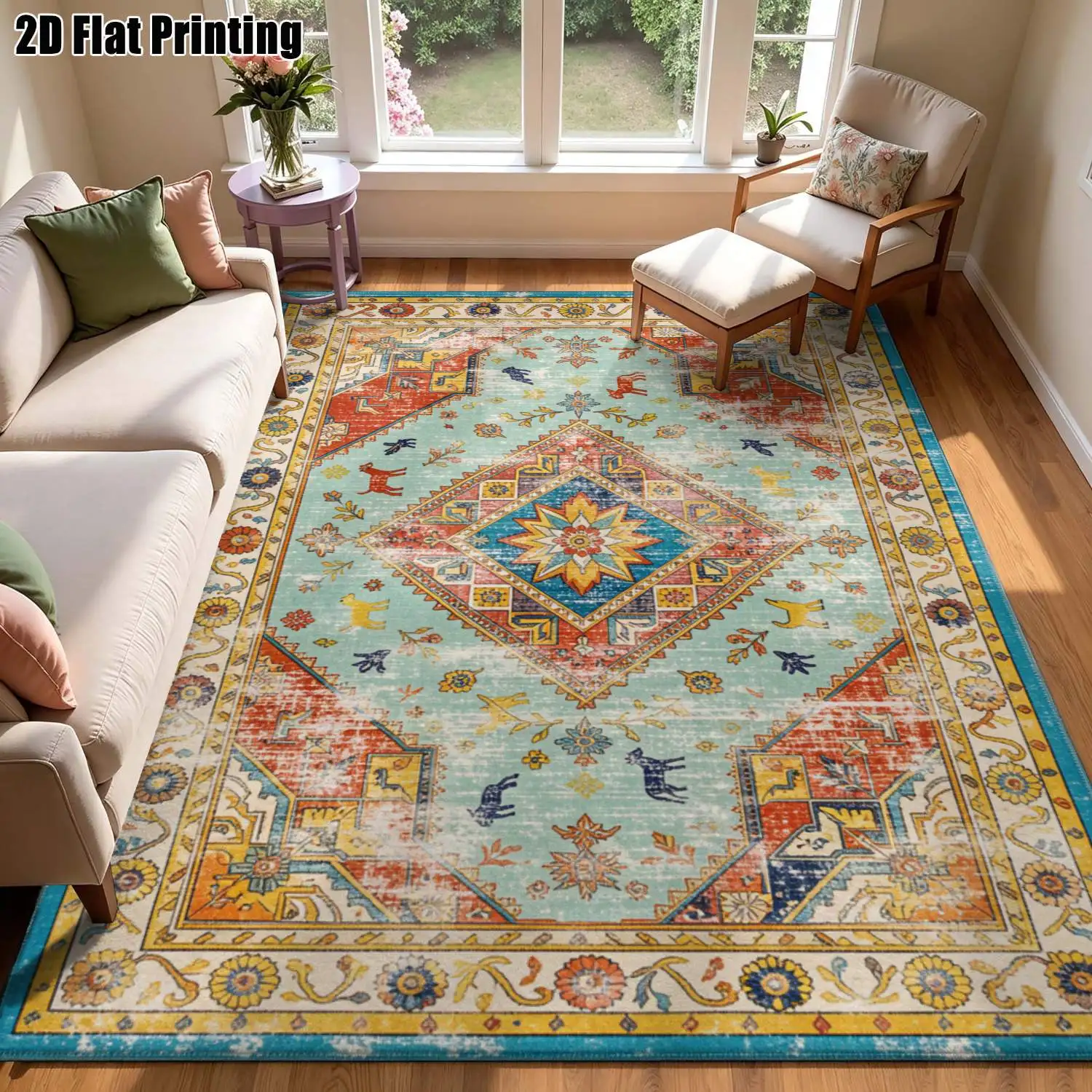 1Pc 2D Printed Retro Blue-Red Geometric Carpet: European/Bohemian Style, Home Decor, Multi-Size, Machine Washable, for Living Room, Bedroom, Dining Room, Entrance, Study