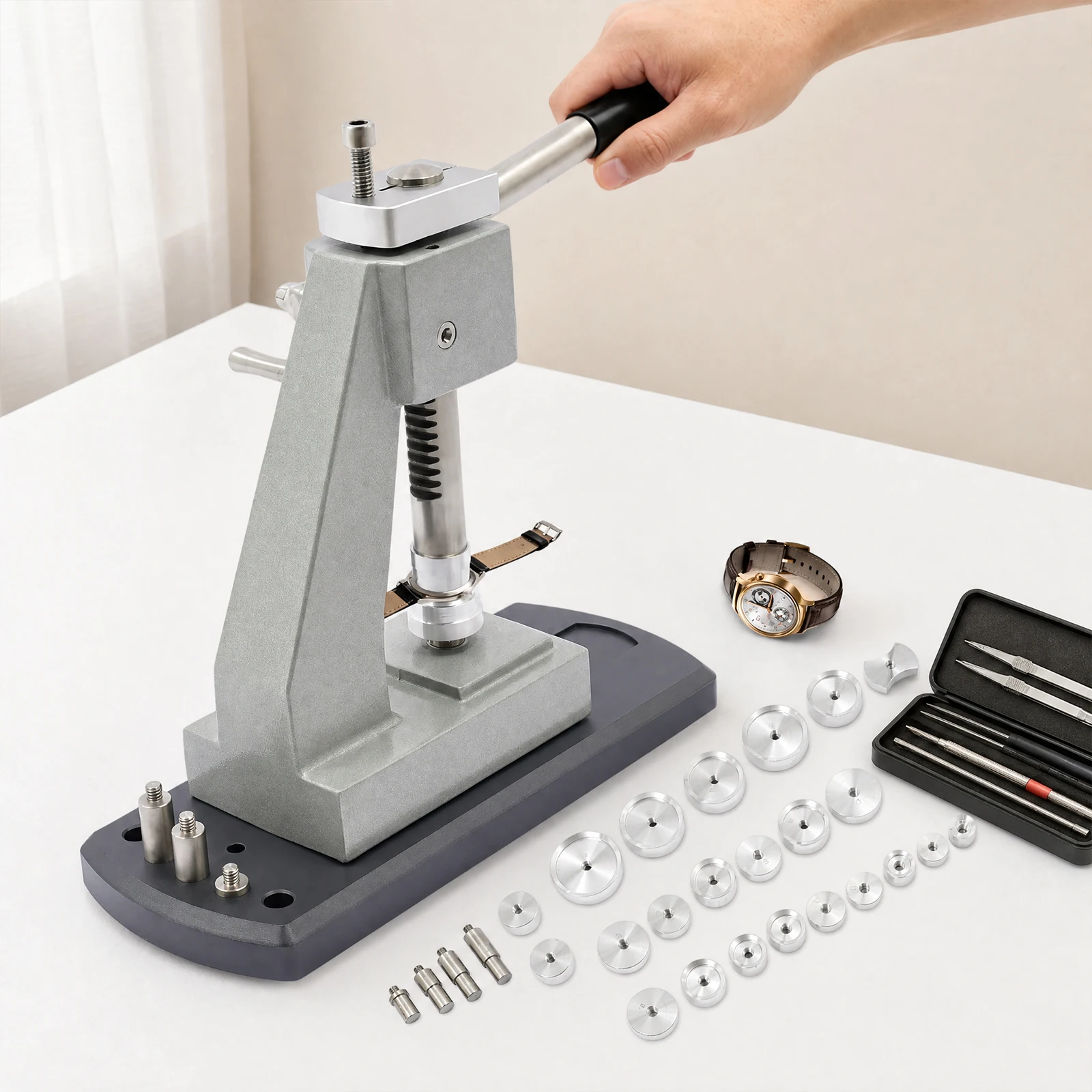 Watch Press Tool Set 25 Dies Aluminum Alloy Watch Repair Kit Adjustable Height Watch Back Case Closing Press Tool for Watch Battery Band Replacement
