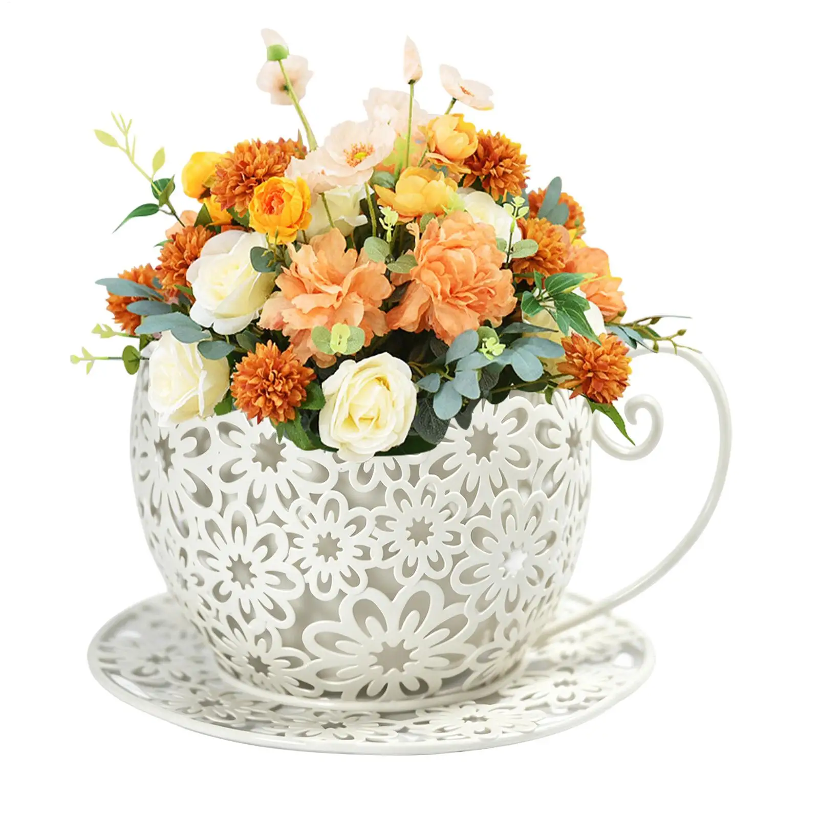 Teacup Shaped Flowerpot Iron Retro Hollow Teacup Yard Decor Large Garden Pots Outdoor Decor Metal Succulents Plant Rack