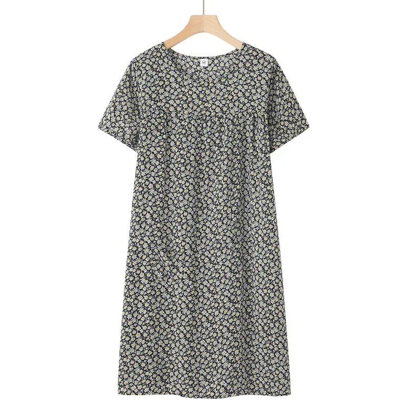 

Summer Middle-Aged and Elderly Cotton Silk Short-Sleeved Nightgown Women's Pajamas Homewear Thin Section Loose Homewear Dresses