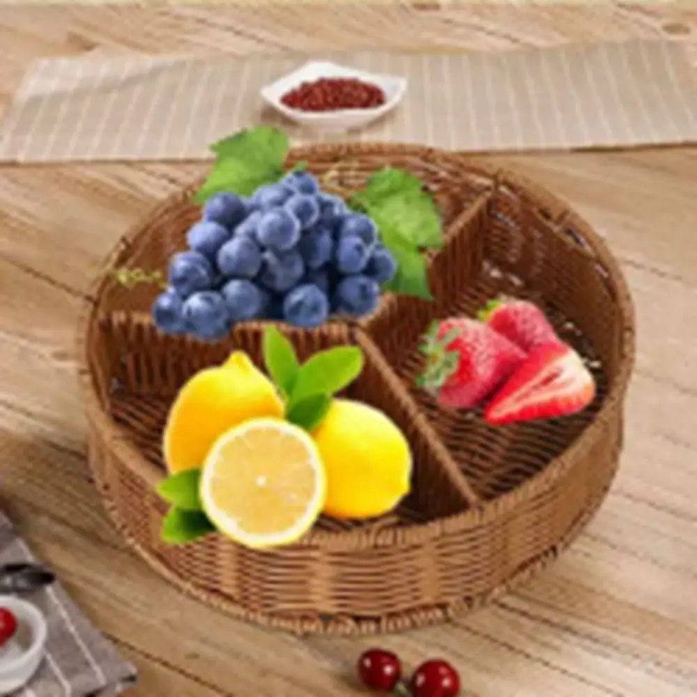 

3 Grides Wicker Woven Breads Baskets Round Natural Wicker Storage Basket Decorative Handmade Imitation Rattan Storage Tray Hotel