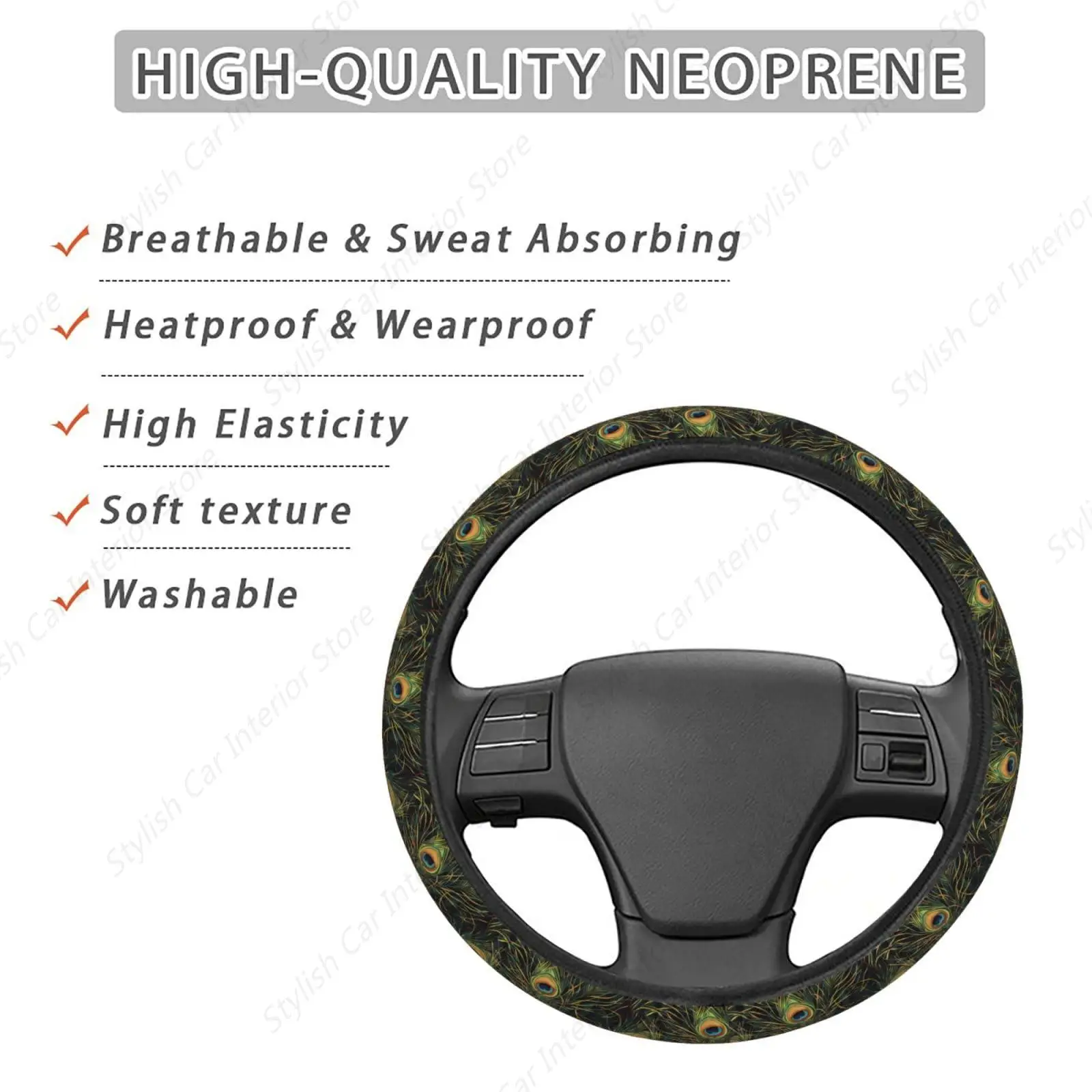 Peacock Feather Art Steering Wheel Covers Anti-Slip Elasticity Car Accessories Steering Wheel Protector Universal