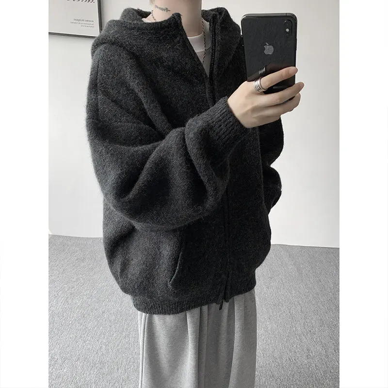 

American Sle Thiened Heavyweight Zipper Knitted Open Cardigan Men's Casual Outerwear Winter Season Hooded Sweater