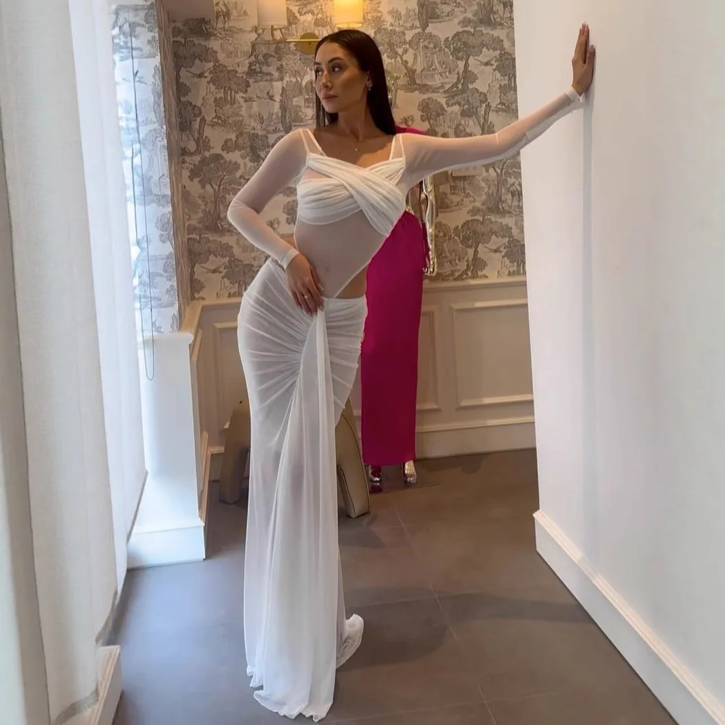 

See Through Mesh 2 Piece Set Backless Long Sleeve Cross Bodysuits Top + Bodycon Maxi Skirts Women Solid Party Clubwear Suits