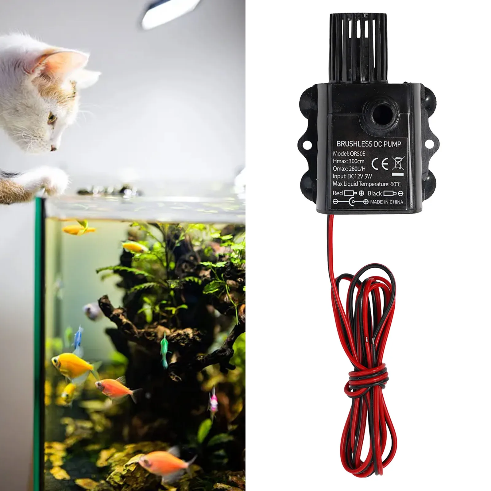 Submersible Brushless Water Pump DC 12V 5W 280LH with IP68 Protection and Filter for Aquarium and Pond Circulation