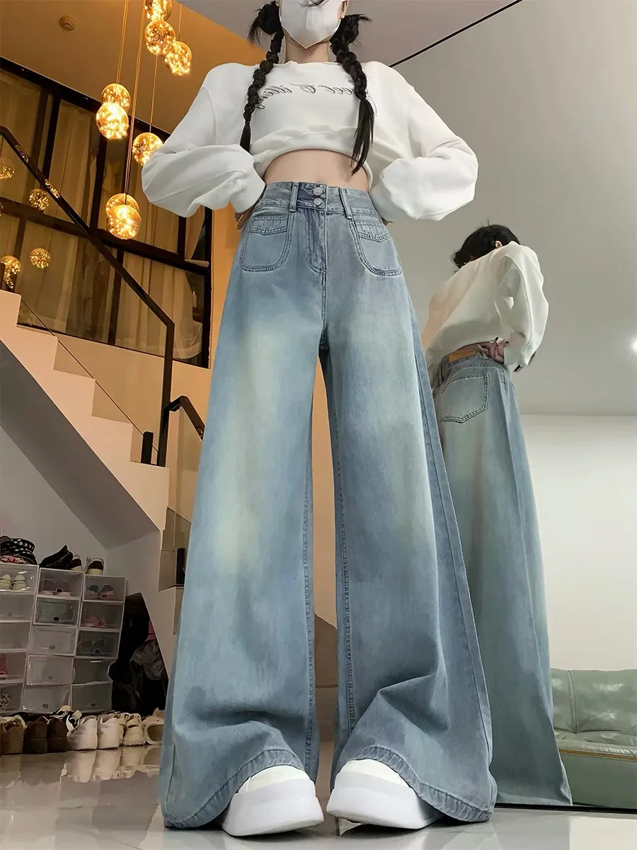 

Light Blue High Waist Wide Leg Jeans Women's Summer Thin Loose Straight Cut Slimming Draping Floor-Length Pants